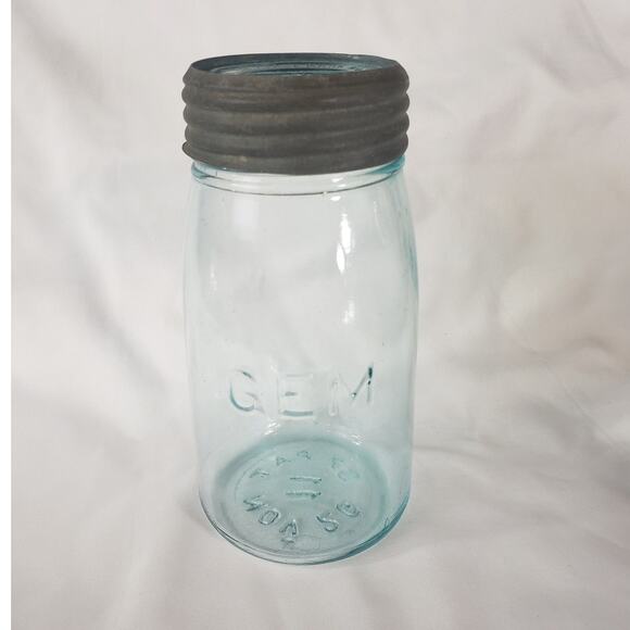 Vintage Aqua GEM Canning Jar 1 Quart Embossed Patented Nov 26 1867 Original Lid